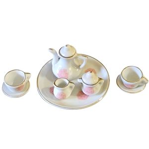 Vintage Porcelain Miniature Dollhouse Tea Set For Two /Pink And White With Gold